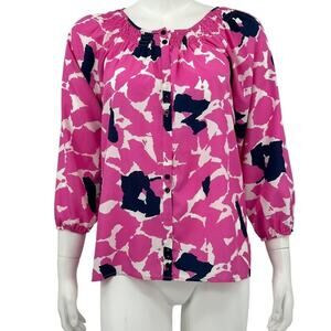Yumi Kim Top Womens Small Isi Button Up Pink Fuchsia Navy Abstract Artsy Office‎